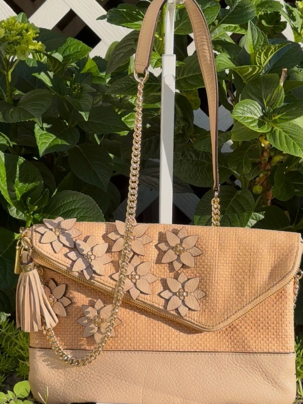 Henri Bendel Debutante Petal Straw Leather Rhinestone Clutch